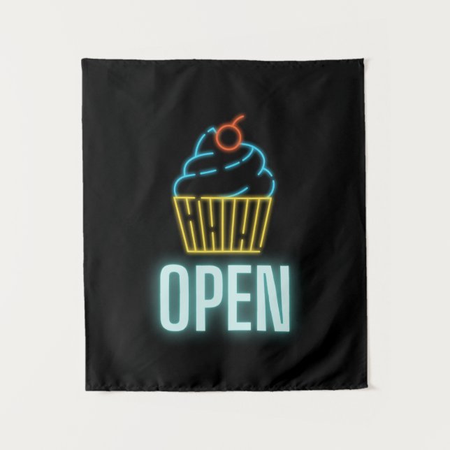 Neon Cupcake Open  Sign Tapestry (Front)