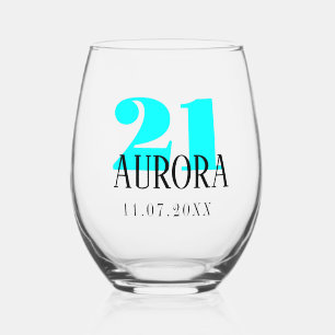 Neon Cyan Birthday Number Black Name Date Stemless Wine Glass