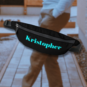 Neon Cyan Classic Name   Black Stylish Bum Bags