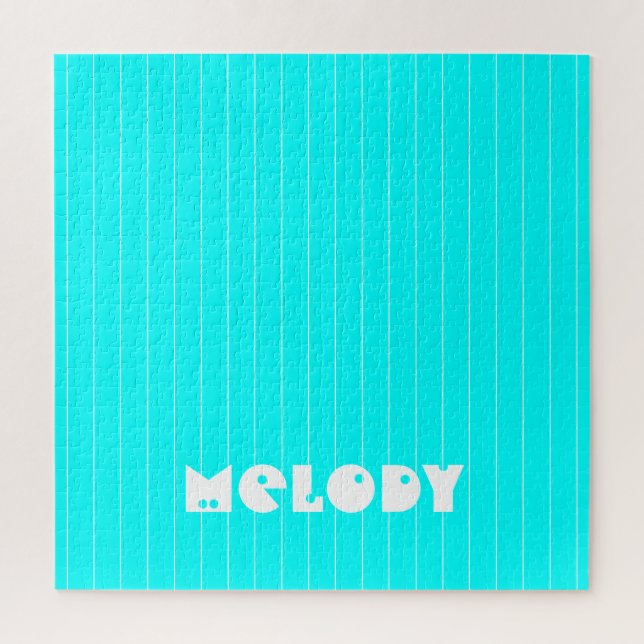 Neon Cyan White Thin Vertical Striped Name Jigsaw Puzzle (Vertical)