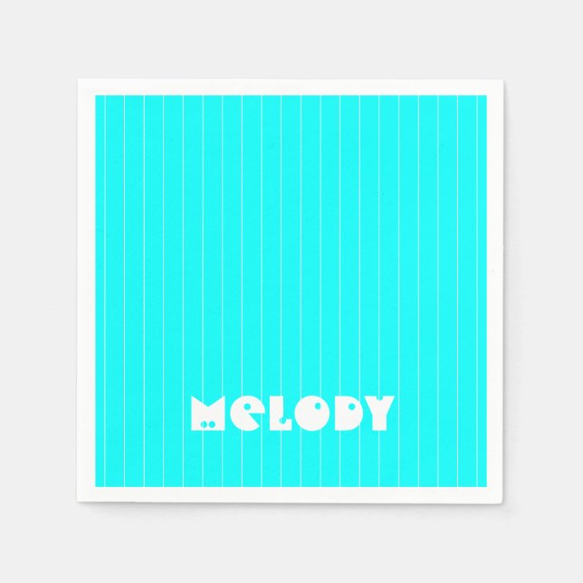 Neon Cyan White Thin Vertical Striped Name Napkin (Front)