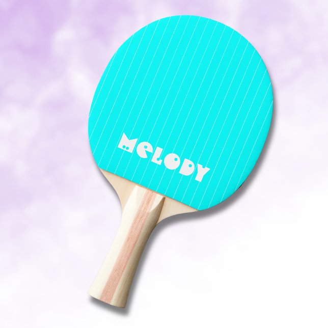 Neon Cyan White Thin Vertical Striped Name Ping Pong Paddle (Creator Uploaded)