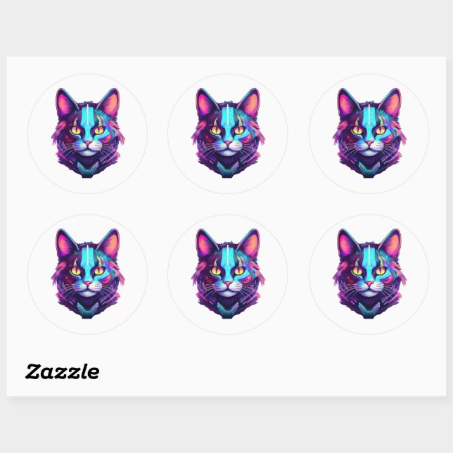 Neon Cyber Cat Classic Round Sticker (Sheet)