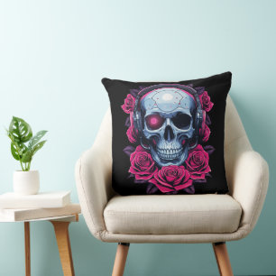 Neon Cyber Death Skull and Roses Black Cushion