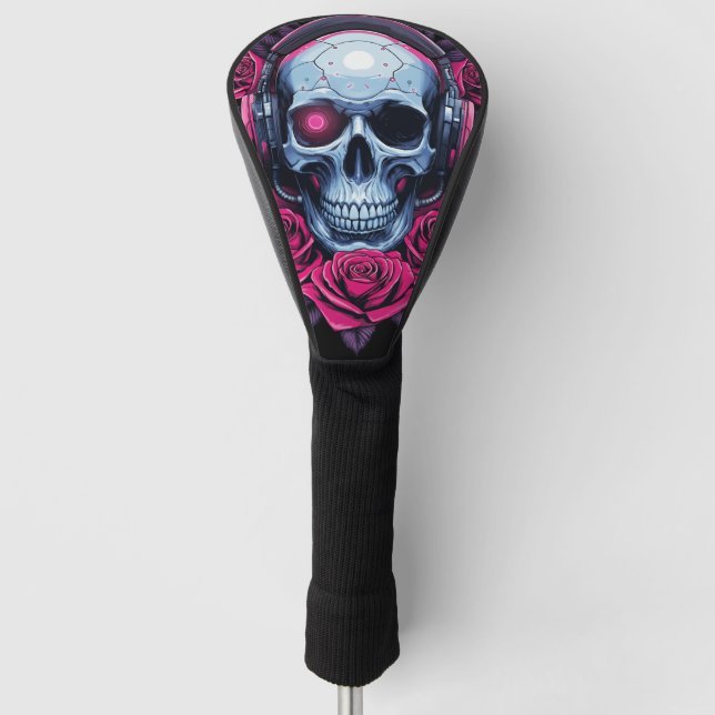 Neon Cyber Death Skull and Roses Black Golf Head Cover (Front)