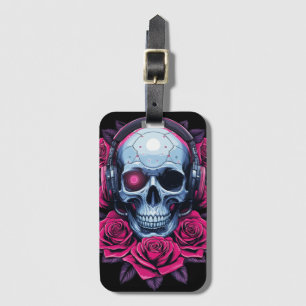 Neon Cyber Death Skull and Roses Black Luggage Tag