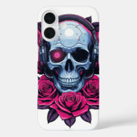 Neon Cyber Death Skull and Roses White
