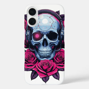Neon Cyber Death Skull and Roses White iPhone 16 Case