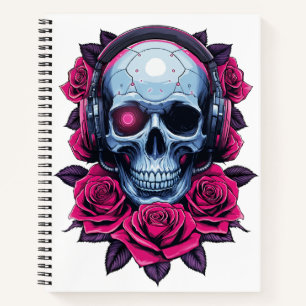 Neon Cyber Death Skull and Roses White Notebook