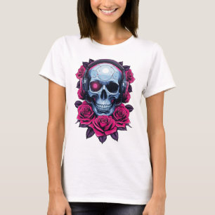 Neon Cyber Death Skull and Roses White T-Shirt