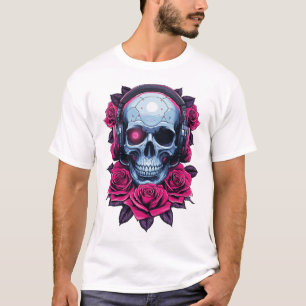 Neon Cyber Death Skull and Roses White T-Shirt