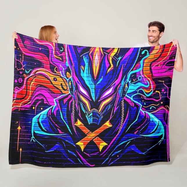 Neon Cyber Guardian Art Fleece Blanket (In Situ)