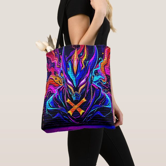 Neon Cyber Guardian Art Tote Bag (Close Up)