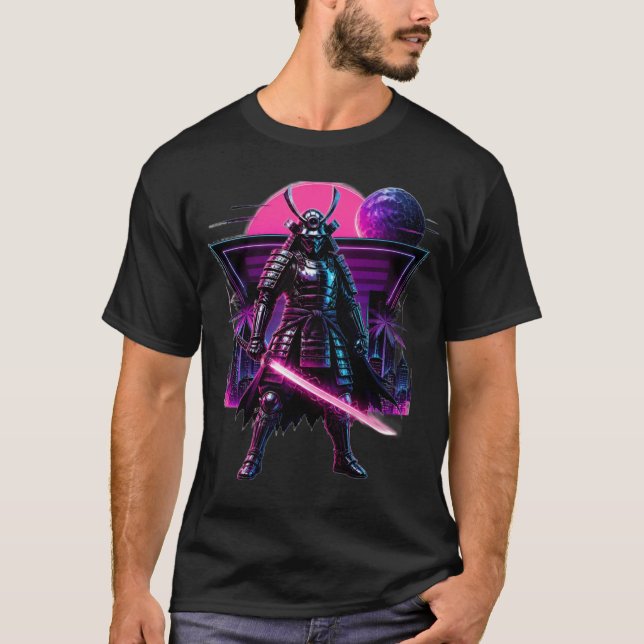 Neon Cyber Samurai Vaporwave Warrior Art T-Shirt (Front)