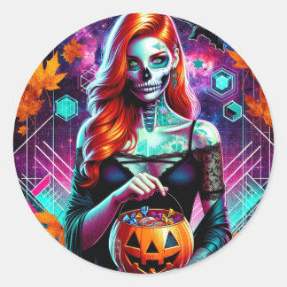 Neon Cyber Sugar Skull Candy Girl Round Sticker
