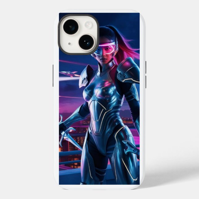 Neon Cyber Warrior iPhone Case – Futuristic Sci-Fi (Back)