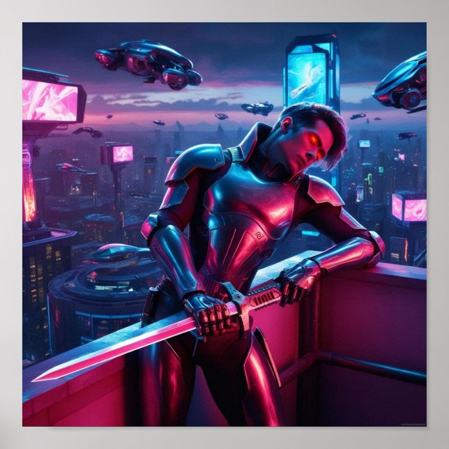 Neon Cyber Warrior Poster – Futuristic Sci-Fi (Front)
