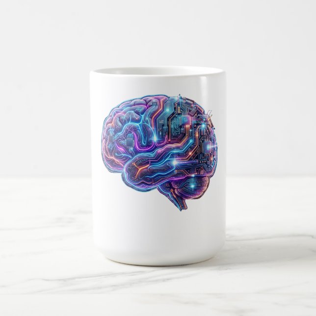 Neon Cyberpunk AI Cyborg Brain Circuits Art Coffee Mug (Center)