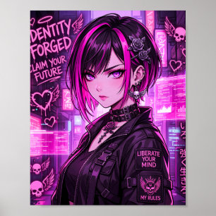 Neon Cyberpunk Anime Girl "Identity Forged" Poster