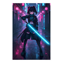 Neon Cyberpunk Anime Girl with Glowing Sword Poste