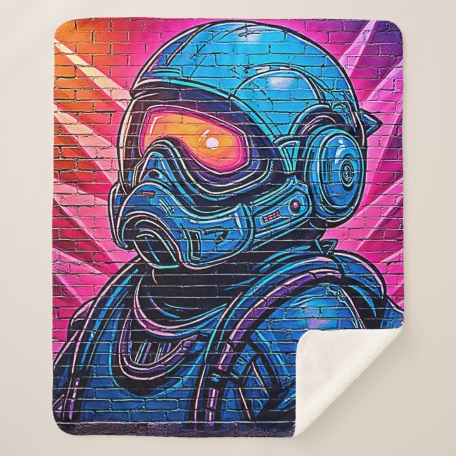 Neon Cyberpunk Astronaut Sherpa Blanket (Front)