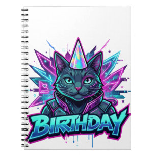 Neon Cyberpunk Cat Birthday Party Graphic Notebook