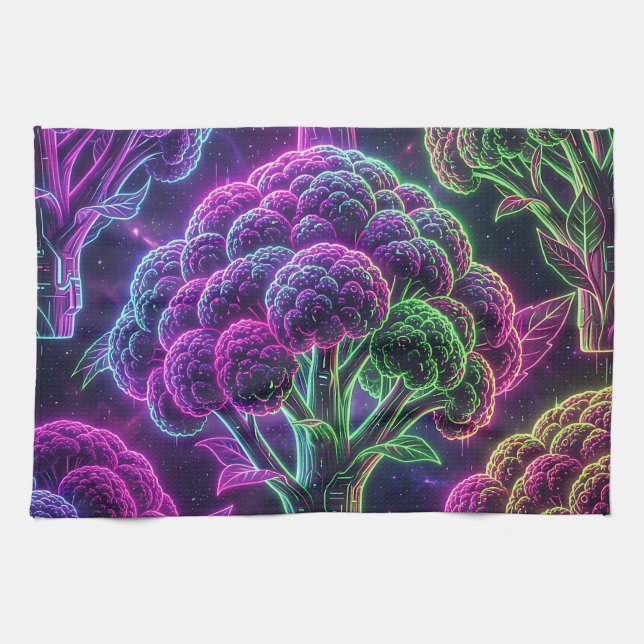 Neon Cyberpunk Cauliflower Galaxy Tea Towel (Horizontal)