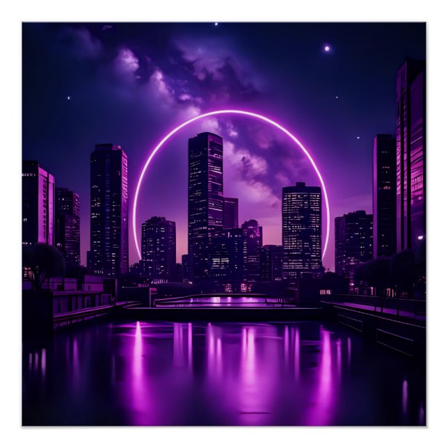 Neon Cyberpunk Cityscape – Futuristic Purple Poster (Front)