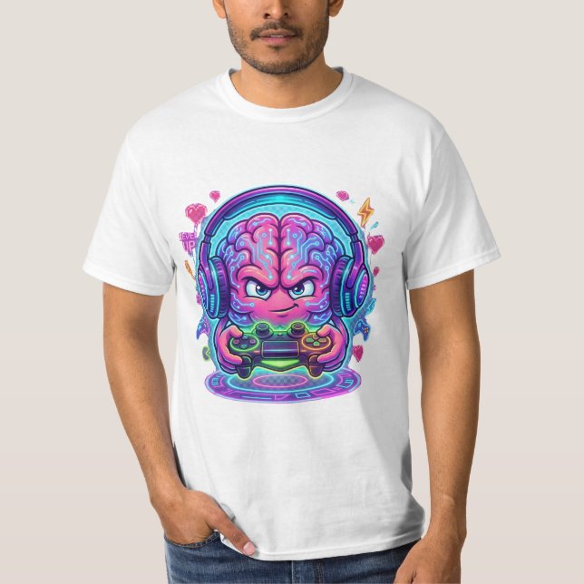 Neon Cyberpunk Gamer Brain Level Up Controller T-Shirt (Front)