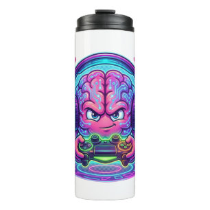 Neon Cyberpunk Gamer Brain Level Up Controller Thermal Tumbler
