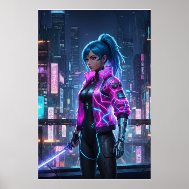 Neon Cyberpunk Girl | Futuristic City Warrior Poster (Front)