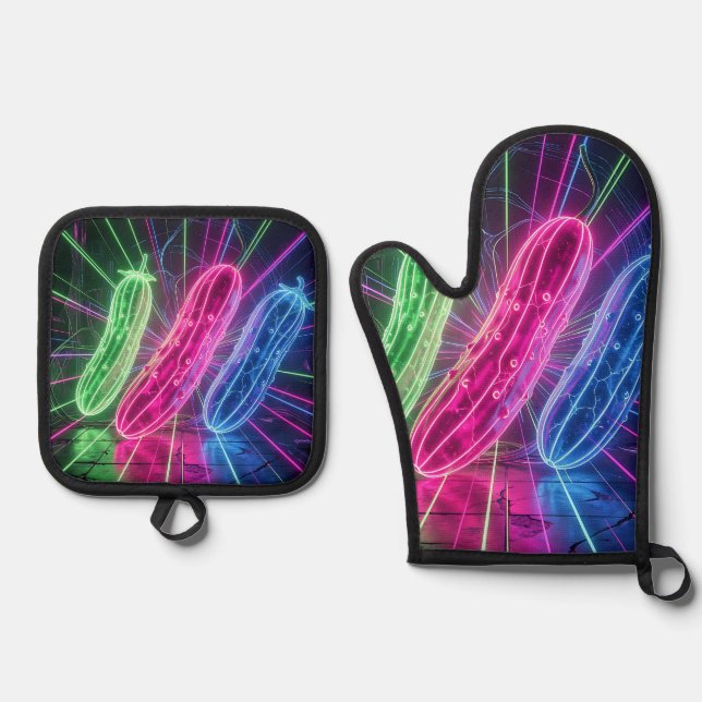 Neon Cyberpunk Glowing Cucumbers Oven Mitt & Pot Holder Set (Front)