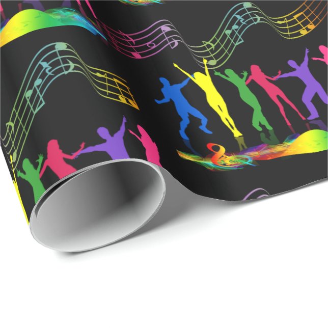 Neon Dance Party Music People On Black Wrapping Paper (Roll Corner)