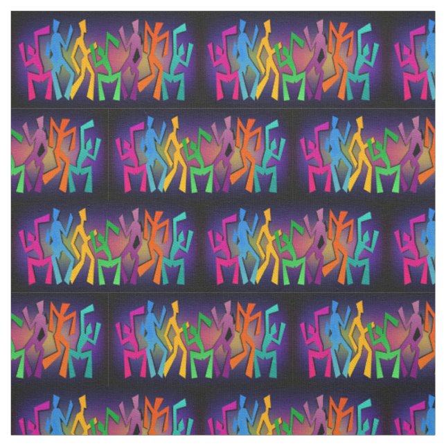 Neon Dancing Stick People On Black Fabric (Swatch)