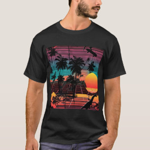Neon Dinosaur and Skater at Sunset T-Shirt