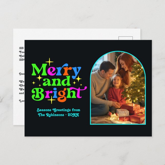 Neon Disco Merry and Bright Retro Christmas Holiday Postcard (Front/Back)