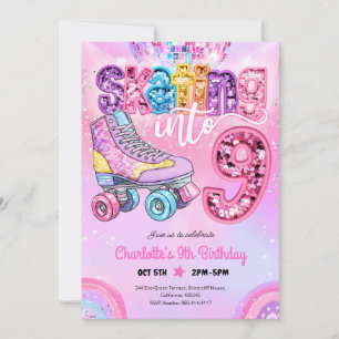 Neon Disco Roller Skating 9th Birthday Invitation