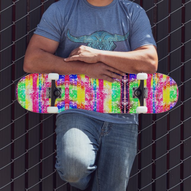 Neon Distressed Rainbow Stripe Skateboard (Outdoor 3)