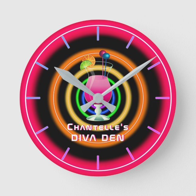 NEON DIVA DEN - Tropical Cocktails Personalised Round Clock (Front)