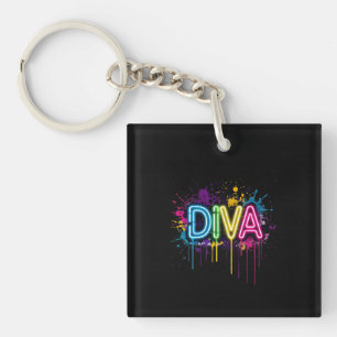 Neon Diva Graffiti Collage with Dripping Paint on Key Ring