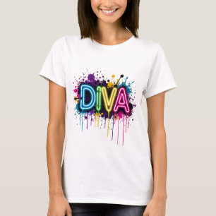 Neon Diva Graffiti Collage with Dripping Paint on T-Shirt