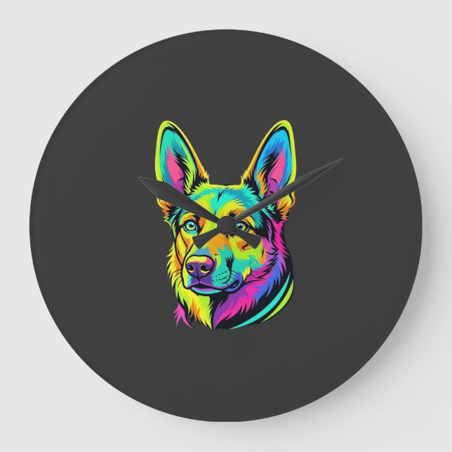 Neon Dog Colourful Vector Portrait Large Clock (Front)