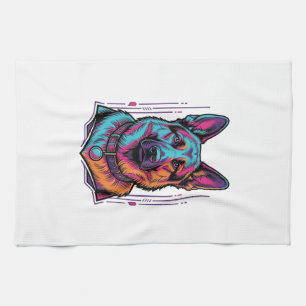 Neon Dog Portrait Vintage Engraving Graphic_1 Tea Towel