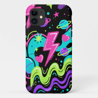 Neon Doodle Pattern Phone Case on Black