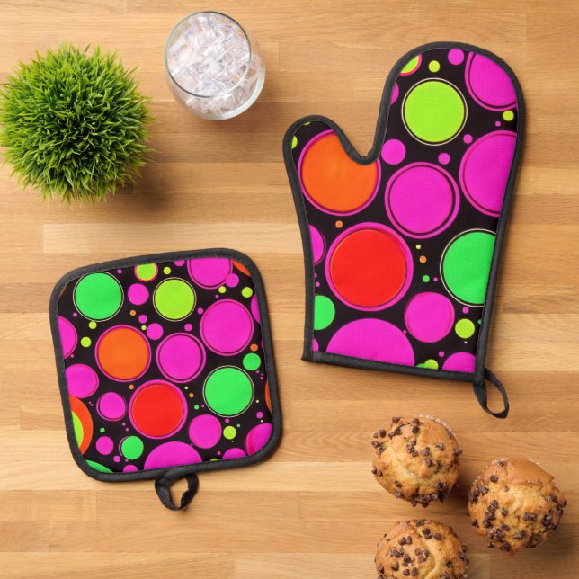 Neon Dot Party Oven Mitt & Pot Holder Set (Top Down)
