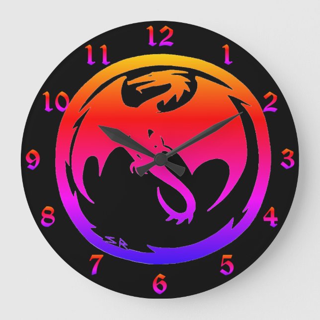 Neon Dragon black wall clock w numbers (Front)