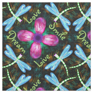 Neon Dragonflies Pink Flower Black Shimmer Pattern Fabric
