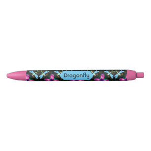 Neon Dragonflies Pink Flower Black Shimmer Pattern Ink Pen