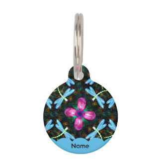 Neon Dragonflies Pink Flower Black Shimmer Pattern Pet Tag