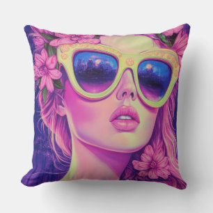 Neon Dream Girl with Floral Sunglasses Cushion